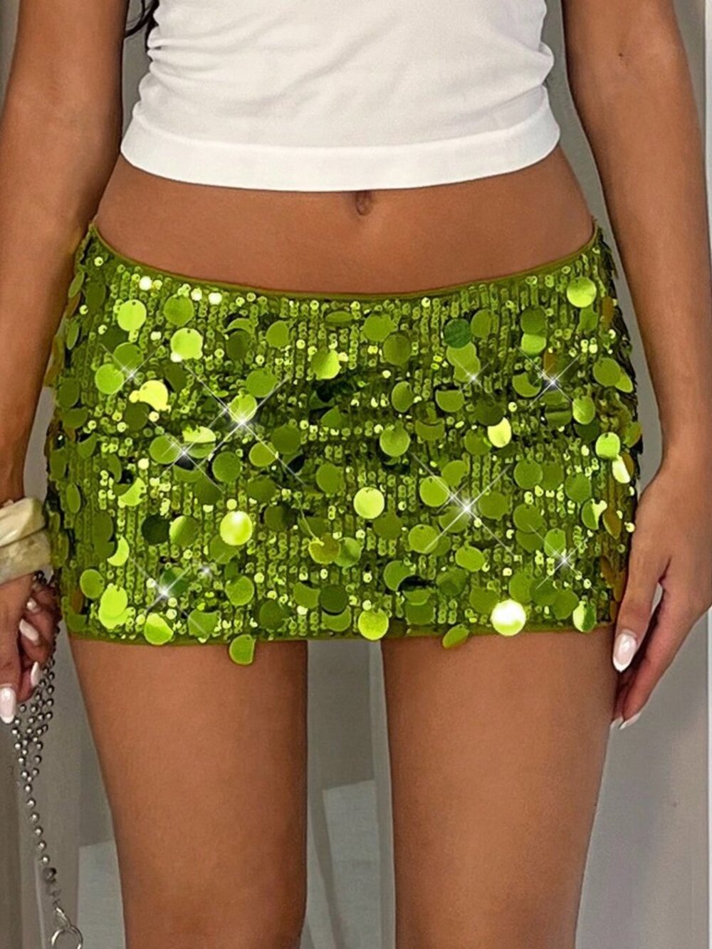 Green Shiny Bodycon Women's Low Waist Mini Skirt with Rhinestone Y2K Clubwear - Picture 5 of 7
